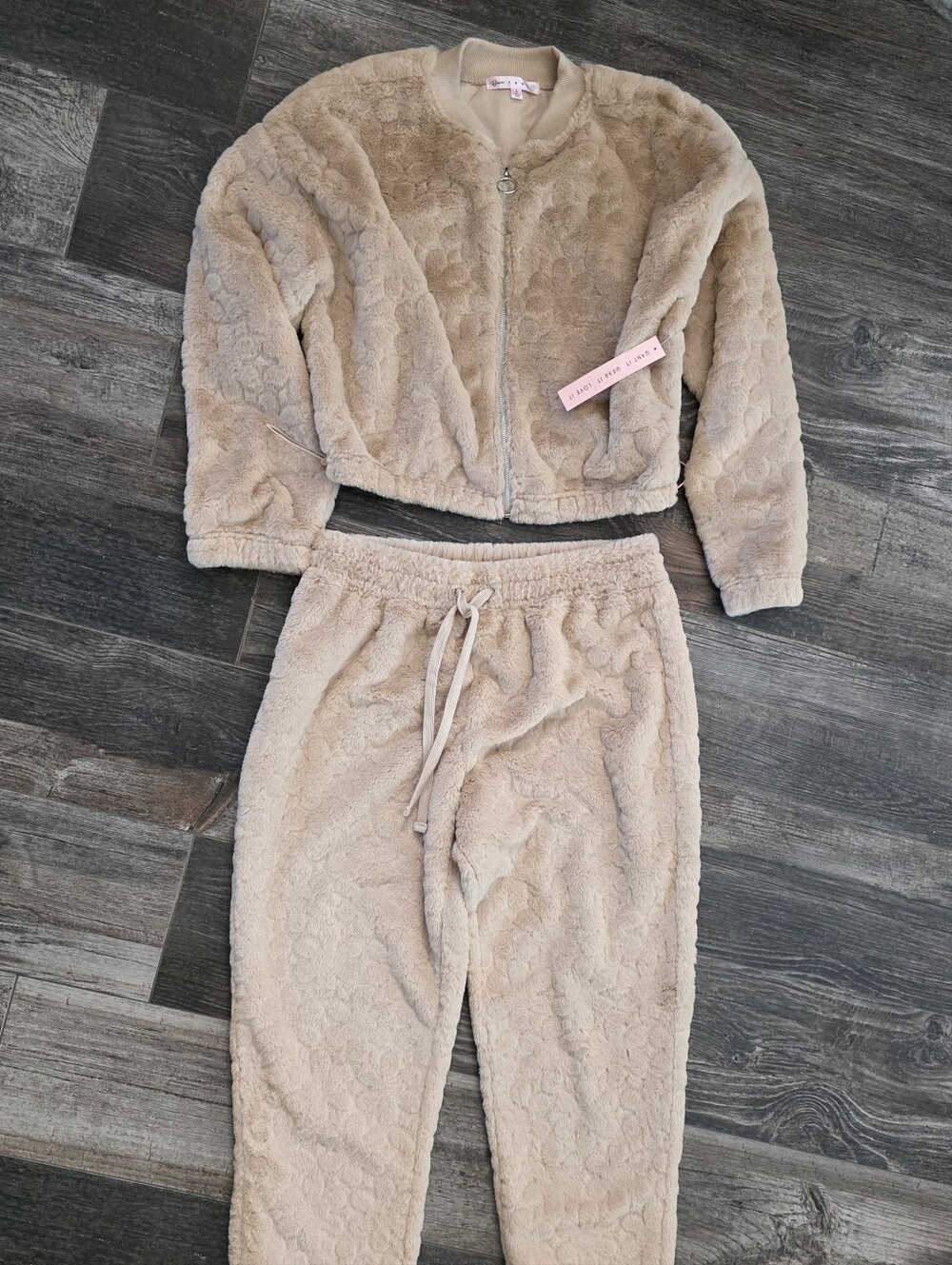 Crave Fame Plush Faux Fur Zip Jacket in Light Beige 2 Piece